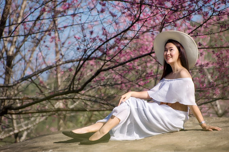 喜马拉雅山樱花节快乐的女旅行者在Sukura节中放松在泰国樱花美丽女子Loei的Phulololom美山上也叫sakura亚洲荒图片