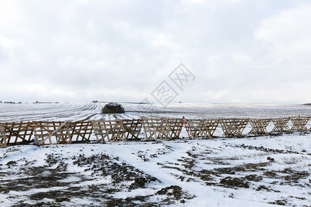 季节哪一个拍摄了整农田的照片其中安装了雪木栅栏在田里竖起木林围栏雪堆图片