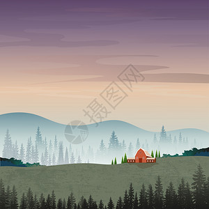 橙山地景观矢量插图森林中含雾的松树和日出平全景自然以最低程度的风格自然背景概念等环形图示剪影天空图片
