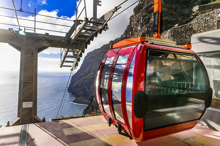 极好铁路天空山上有电缆汽车CaboGirao马德拉岛广受欢迎的旅游景点和美丽的风海洋图片