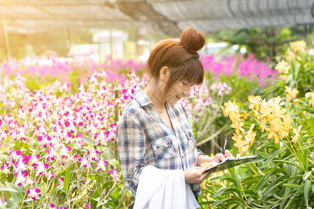 幸福快乐的研究员植物兰花身戴白帽子手拿着笔和记本作研究录女孩颜色图片