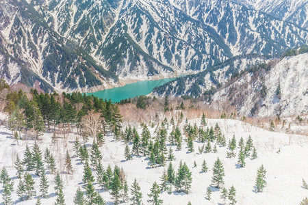 蓝色的高山日本立黑部阿尔卑斯脉路线黑部水坝全景宁静图片