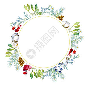 问候装饰品圆形框架由fir和Juniper树枝锥子红果和蓝莓色浆果棉布组成圆形框架为卡片和请柬的美丽背景以及圣诞元素的其他设计装图片