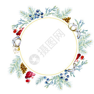 横幅圆形框架由fir和Juniper树枝锥子红果和蓝莓色浆果棉布组成圆形框架为卡片和请柬的美丽背景以及圣诞元素的其他设计装饰构成图片