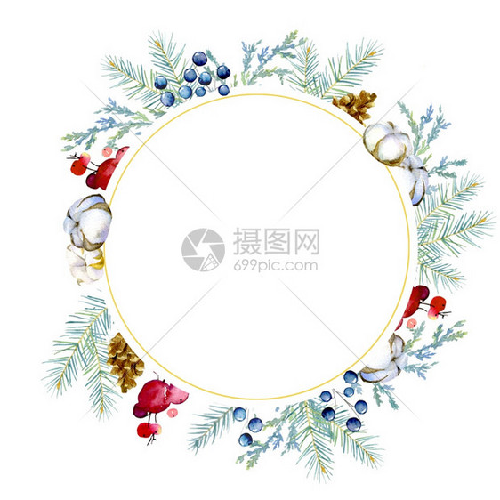 横幅圆形框架由fir和Juniper树枝锥子红果和蓝莓色浆果棉布组成圆形框架为卡片和请柬的美丽背景以及圣诞元素的其他设计装饰构成图片