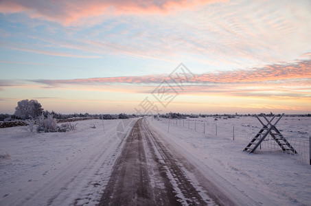 寒意就在日出前的清晨冬在瑞典群岛奥兰的一个大平原地区一条乡村公路旁自然经过图片