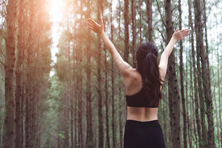 积极的女在松木林中伸展手臂和呼吸新鲜空气同时运用锻炼与生活方式概念享受生活和保健主题自然与户外主题公园闲暇图片