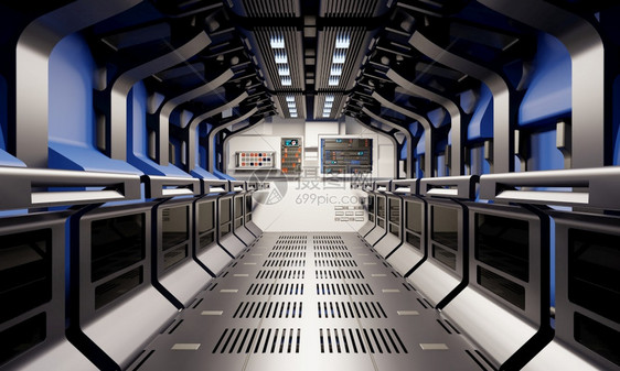 占星术建造具有蓝色和银灰背景的现代技术和占星科学概念3D图解显示形设计的3D解空间飞船走廊和地下秘密室内部走廊带有蓝色和银灰背景图片