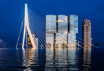 办公楼城市与ErasmusBridge公司和KopVanZuid公司在鹿特丹供水泛滥下的数字操纵气候变化概念荷兰数字操纵气候变化图片