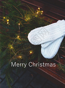 一棵装饰着华丽花纹树的圣诞快乐写字分支长在凳上还有编织白色手套喜悦圣诞节写字分支装饰着园林的金边树和编织的白手套在长凳上还有编织图片