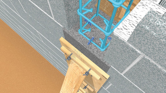 两堵墙之间有木制工的混凝土柱顶部视图您可以看到钢棒3D插图蓝色的一种专栏图片