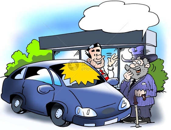 驾驶卡通插画一个年长男子正在考虑购买一辆新智能轿车漫画插图图片