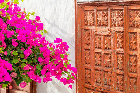在西班牙特纳里费的加拉奇科街上挂着鲜花的旧木门在西班牙特纳里费的Tenerife的Garachico街上用白墙围住古老的门在阳光图片