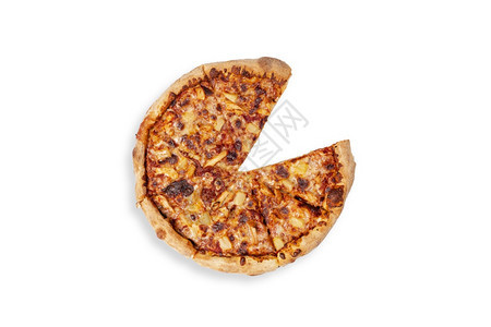 咬吃番茄夏威夷大披萨没有一件夏威夷披萨概念的顶视图用于意大利食品街头快餐图片