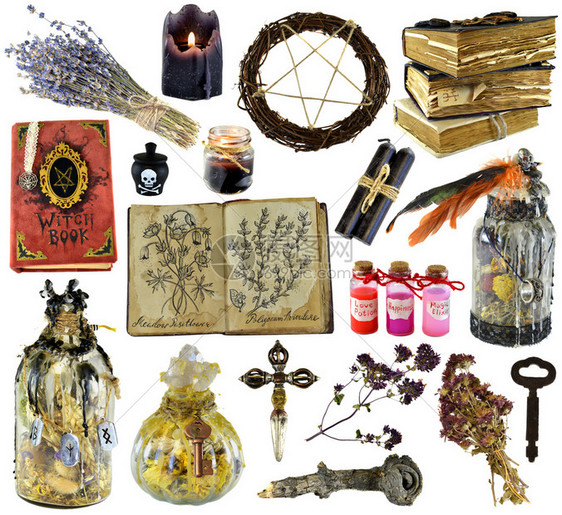 精神黑暗的拼写设计有书魔法瓶草药黑蜡烛在白色Wicca上隔绝用古老的魔法物品作为神秘仪式的修饰教义占卜和神秘概念图片