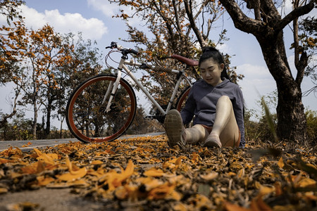 满的夏天下一个美丽的年青轻女子坐在她骑自行车的户外露天在棕榈树边上布提亚莫诺斯珀玛ButeaMonosperma和来自然的东南部图片