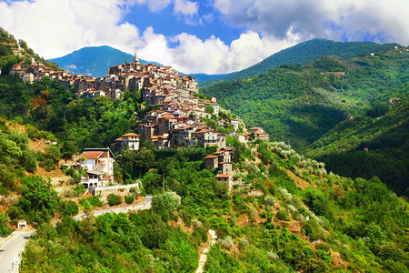 旅行游白天传统的中世纪山丘顶峰村意大利borgo村利古里亚的Apricate图片