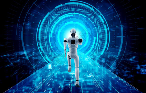 运行机器人形显示快速运动和生命能量在未来创新发展的概念对AI大脑和人工智能思维通过机器学习3D插图运行机器人形显示快速运动和生命图片
