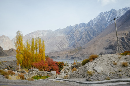 土地巴基斯坦GilgitBaltistan的秋天季节Karakoram山脉上雪盖峰发生于巴基斯坦GilgitBaltistan生图片