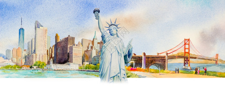 美国城市风景曼哈顿市立女神自由曼哈顿城市美国金门大桥世界水彩画城市风景建筑和商业城市的著名地标Watercolor绘画城市景观建筑和商业城市背景