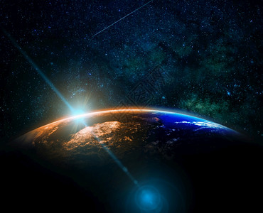 环境的世界在银河背景互联网络概念美国航天局提供的这一图像元素上太阳升起和透光耀斑覆盖地球的一部分行星图片