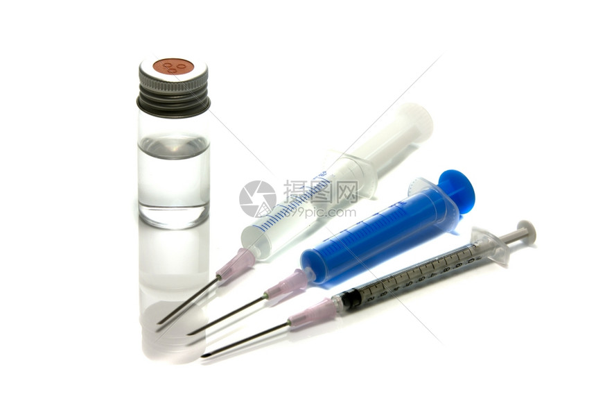 卫生保健外科细菌瓶装医疗针头用液体在白色上隔离图片