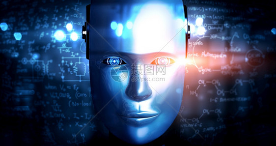数字的机器人形面对第四次工业革命的AI思维大脑人工智能和机器学习过程的工科学研究图形概念3D插图机器人形面对工程科学研究的图形概图片