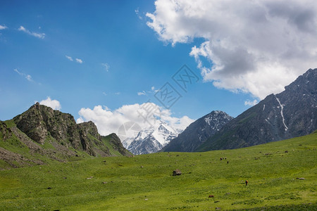 田园诗般的冬季景观山间有远足径谷景观中的岩石雪和头山全景吉尔斯坦阿拉图山天阿拉米丁吉尔斯坦山全景风优美白色的自然图片