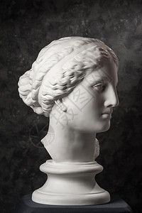 女士历史古老的维纳斯德米洛雕像白石膏复制件供艺术家在黑暗纹理背景上使用粉饰女人的雕塑面朝Gypsum复制了古雕像的金星头印英俊的图片