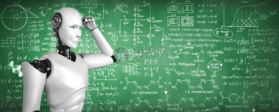 男人有创造力的电脑ThinkingAI仿人机器分析屏幕的数学公式和科方程使用人工智能和机器学习过程进行第四次工业革命3D插图Th图片