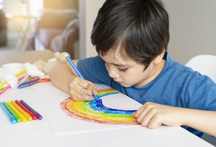 白色的詹克Kid使用白纸上DIY儿童艺术的蓝色笔画彩虹在放学时留家中庭学校教育概念社会媒体预防冠状运动等利用蓝笔画彩虹给孩子看白图片