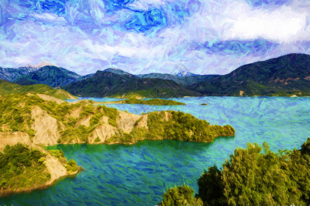 卡尔佩尼西希腊埃夫里塔尼亚地区克雷马斯顿湖它是希腊最大的人工湖数字绘画希腊埃夫里塔尼亚地区克雷马斯塔湖景观旅游的图片