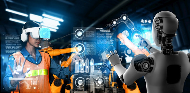 生产转型科学机械化工业器人与类工在未来厂中协同作业革命和自动化制造过程的人工智能概念机械化工业器人和类工在未来厂中协同作图片