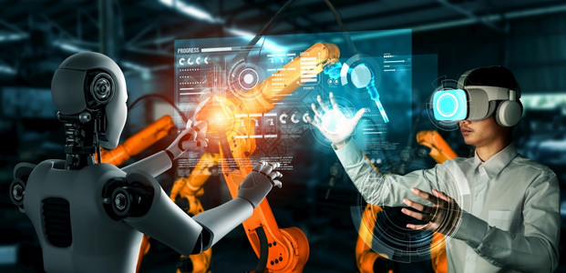 仓库行业控制机械化工器人与类工在未来厂中协同作业革命和自动化制造过程的人工智能概念机械化工业器人和类工在未来厂中协同作图片
