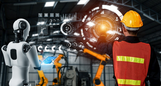半机械人数字的男机械化工业器人与类工在未来厂中协同作业革命和自动化制造过程的人工智能概念机械化工业器人和类工在未来厂中协同作图片