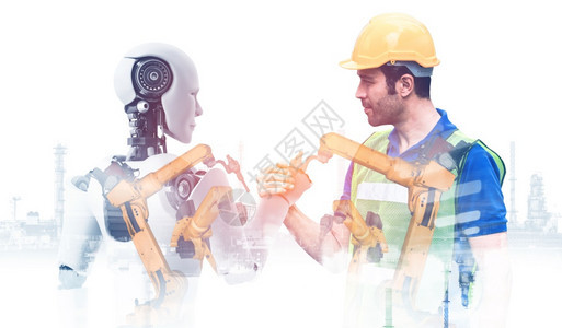 制造业电脑智力机械化工业器人与类工在未来厂中协同作业革命和自动化制造过程的人工智能概念机械化工业器人和类工在未来厂中协同作图片