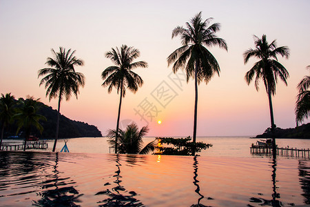步行海洋人们在泰国Trat省Trat县Kohkood岛的椰子树地区太阳落日反射在水面露地上椰子树面积为砰Bao图片