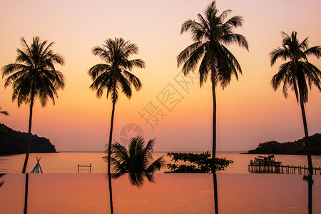 在泰国Trat省Trat县Kohkood岛的椰子树地区太阳落日反射在水面露地上椰子树面积为砰Bao云树木丰富多彩的图片