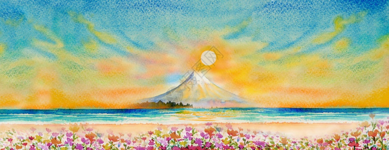 日本富士山旅游亚洲水彩画的著名地标描绘着花朵多彩色的美丽春季日天空之光商业城市热门旅游景点季节吸引力广告图片