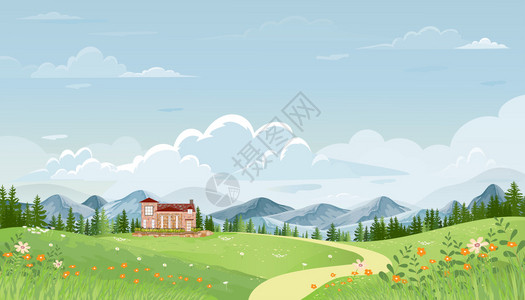 丘陵春村全景山上有绿草地蓝天空矢量夏季或春天风景大片农村观绿地山上和农庄花朵的青草田野花洋甘菊图片