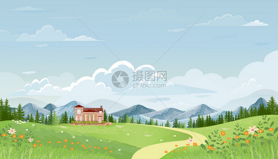 丘陵春村全景山上有绿草地蓝天空矢量夏季或春天风景大片农村观绿地山上和农庄花朵的青草田野花洋甘菊图片