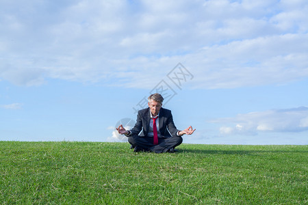 户外白种人浓度做瑜伽的商人在莲花位置上练瑜伽在山脊的一个上在公园主题的瑜伽太阳代表着健康思考图片