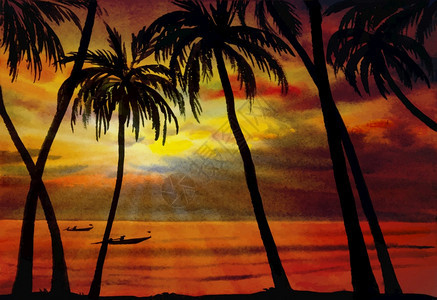 情感风景艺术品在橙色阳光照亮的海洋捕猎日光清晨有天空观和云底背景美丽自然季景节绘画印刷者抽象图像水彩等纸质色多的海洋捕鱼活动图片
