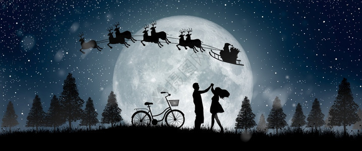骑享受圣诞快乐的情侣在满月下跳舞圣诞快乐的情侣们在满月下跳着舞欢快地共塔马拉图片