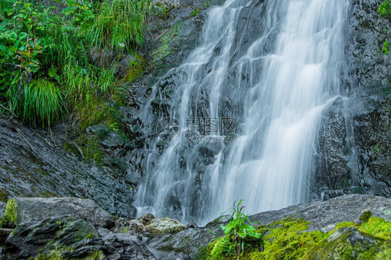 自然生长热带雨林水流中岩石和绿苔之间河流瀑布的大气视图风景图片