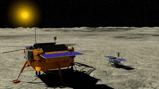 人们乳白色月球探险车YUTU2号滚过月球表面用长阳4号月圆探测器和3D背景太阳图示宇宙图片