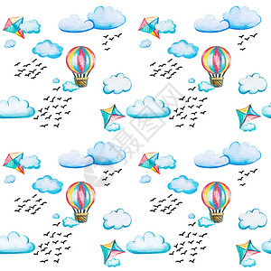 一种篮子无缝模式配有气球和风筝水彩卡通插图配有鸟群和白背景云层是儿童喜欢的无缝模式配有气球和风筝Name景观图片