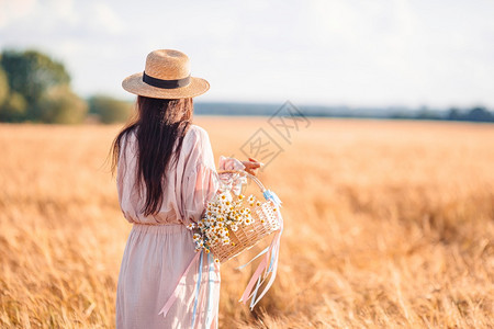 生长小麦田中的美貌妇女穿着衣服戴草帽手拿着一束香菊花在手头上的甘菊花在小麦田中看到女孩穿着草帽的漂亮女士手拿着成熟的小麦帽子日落图片