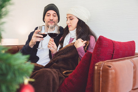 庆典帽坐在沙发上微笑的爱人在客厅浪漫的冬季假日和圣诞节前夕一起用红酒杯串连在一起的概念活图片
