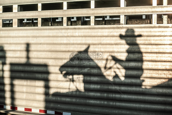 金的牛仔舞女骑马士在轨铁上闪光金属阴影图片